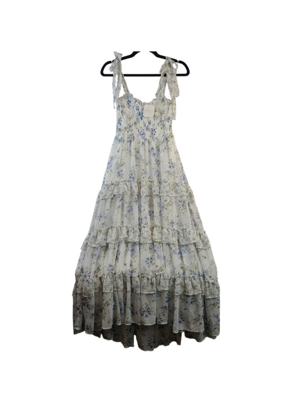 NEW Altar'd State Kenzynly Floral Maxi Dress Ivory Blue Tiered Ruffle Smock Sz M